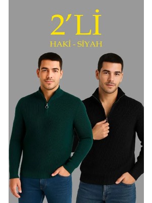 ModaSize Erkek Fitilli Triko Kazak 2’li Set – Siyah - Haki Kalın Dokuma Pamuklu Regular Fit V Yaka Fermuarlı Uzun Kollu Rahat Kışlık Kazak Kombini