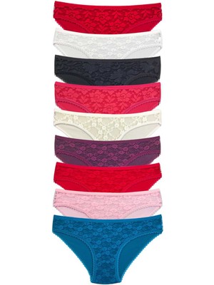 ModaSize 9 Adet Önü Dantelli Transparan Kadın Slip Külot S119