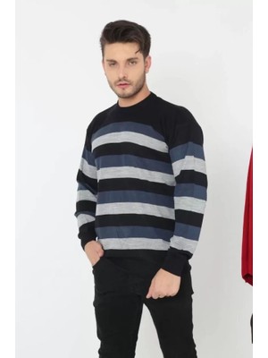 ModaSize Unisex Kalın Çizgili Bisiklet Yaka Triko Kazak - Indigo