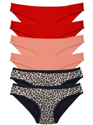ModaSize 6 Adet Likralı Kadın Slip Külot Leopar Kırmızı Pudra