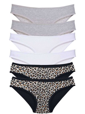 ModaSize 6 Adet Likralı Kadın Slip Külot Leopar Gri Beyaz