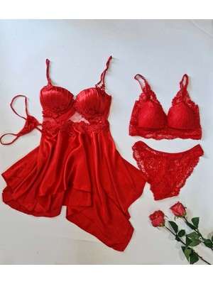 Çeyize Dair Herşey Passion Red Satin 4 Lü Gecelik Seti Kırmızı İpek Saten Dantel Bralet ve Külot ile M