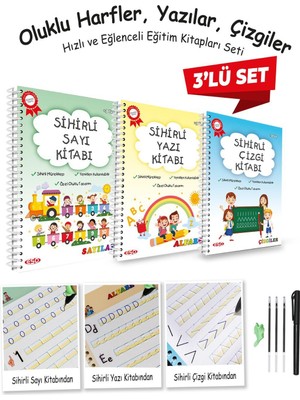 Esokal Harfleri Sayıları ve Çizmeyi Öğreten 3'lü Alıştırma - Oluklu(Kabartmalı) Sihirli Uçan Kalemli