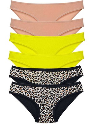 ModaSize 6 Adet Likralı Kadın Slip Külot Leopar Ten Sarı