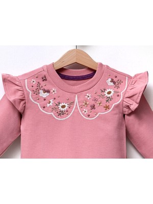 Kız Çocuk 1-2-3-4 Yaş Çiçek Nakışlı Gül Kurusu Renkli Sweat