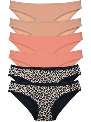 ModaSize 6 Adet Likralı Kadın Slip Külot Leopar Ten Pudra