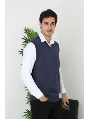 ModaSize Erkek V Yaka Kolsuz Süveter Triko Kazak Yumuşak Dokulu Pamuklu Ince Dokuma Rahat Regular Kalıp - Lacivert