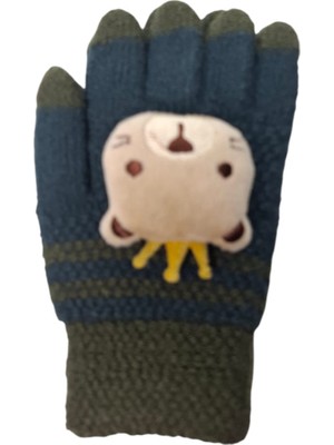Spteks Kitti 4-8 Yaş Erkek Çocuk Haki Yeşil Ayıcık Figürlü Kışlık Örme Eldiven