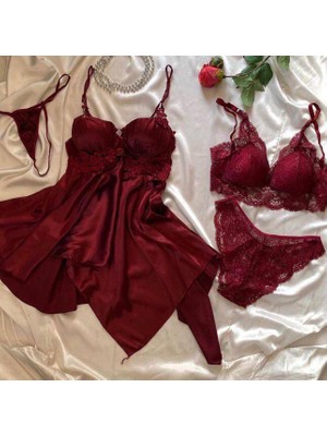 Çeyize Dair Herşey Passion Bordo Saten 4 Lü Gecelik Seti 7003