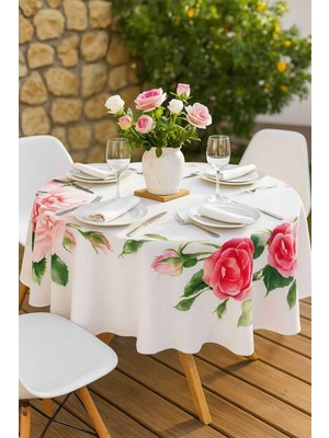 Mira Home Yuvarlak Gül Desenli Duck Kumaş Masa Örtüsü 150X150 cm