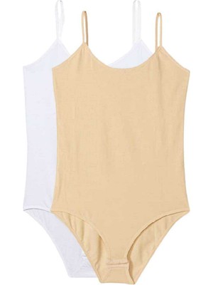 ModaSize 2 Adet Ip Askılı Kadın Çıtçıtlı Body Beyaz ve Ten