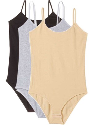 ModaSize 3 Adet Ip Askılı Kadın Çıtçıtlı Body Siyah Gri Ten