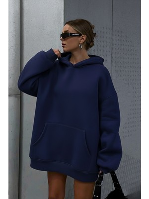 Guaraz Unısex Lacivert Yumuşacık Kumaşlı Oversize Fit Ici Polarlı Kapüşonlu Sweatshirt Hoodie
