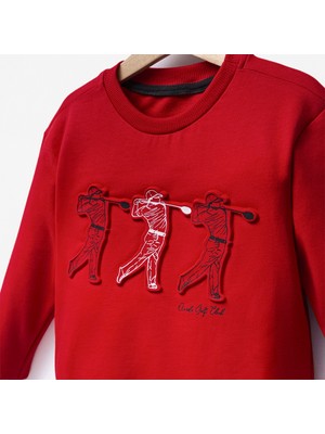 Erkek 9-10-11-12 Yaş Kabartma Baskılı Kırmızı Renkli Sweat %100 Pamuk