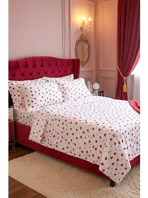 More Home Çift  Kişilik Nevresim  Takımı + 2 Adet Yastık Kılıfı Kalp Desenli Beyaz Kırmızı
