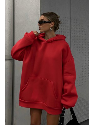 Guaraz Unısex Kırmızı Yumuşacık Kumaşlı Oversize Fit Ici Polarlı Kapüşonlu Sweatshirt Hoodie