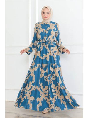 Lizay Mina Desenli Tesettür Elbise Indigo