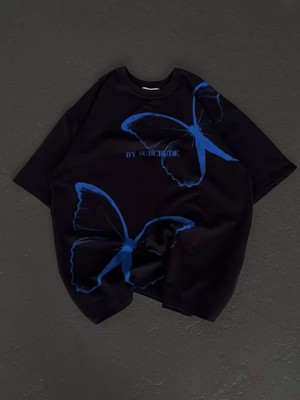 ModaSize Unisex Bisiklet Yaka Baskılı Oversize T-Shirt - Siyah