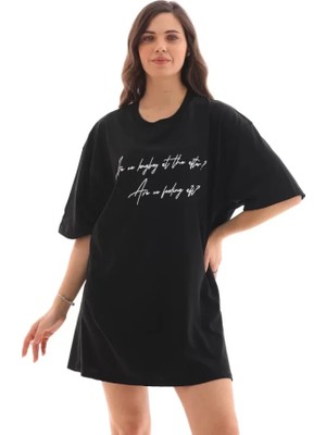 ModaSize Unisex Bisiklet Yaka Baskılı Oversize T-Shirt - Siyah