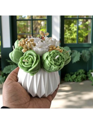 Hediye İstasyonum El Yapımı Yeşil Çiçek Buketi Mum | Taş Tozu Vazolu | Kokulu Soya Wax