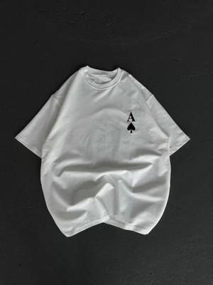 ModaSize Unisex Bisiklet Yaka Baskılı Oversize T-Shirt - Beyaz