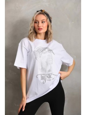 ModaSize Unisex Taş Desenli Oversize T-Shirt - Beyaz