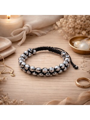 Enfera Doğal Taş Doğal Taş Hematit Taşı Makrome Çift Sıra Bileklik 8 mm