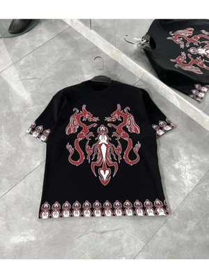 ModaSize Unisex Bisiklet Yaka Baskılı Oversize T-Shirt - Siyah