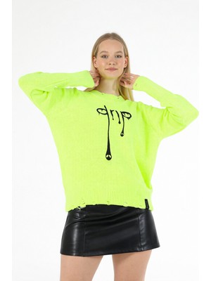 SiFu Tekstil Özel Üretim Owersize Önü Drip Nakışlı Yırtıklı Spor Italyan Kesim Kadın Triko Kazak