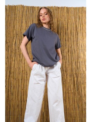 ModaSize Yakası Taşlı Tshirt - Füme