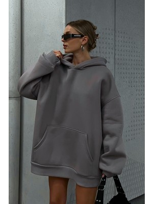 Guaraz Gri Yumuşacık Kumaşlı Oversize Fit Ici Polarlı Basic Kapüşonlu Sweatshirt Hoodie
