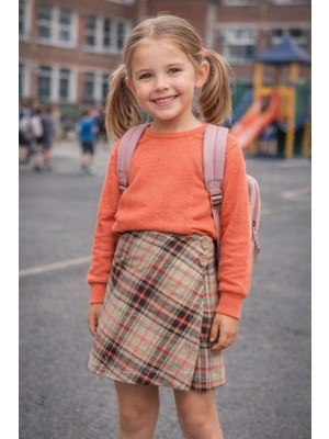 Escabel Kız Çocuk Ekose İskoç Desenli Etek-Şort Midi Boy Lastikli Bel Rahat Kalıp