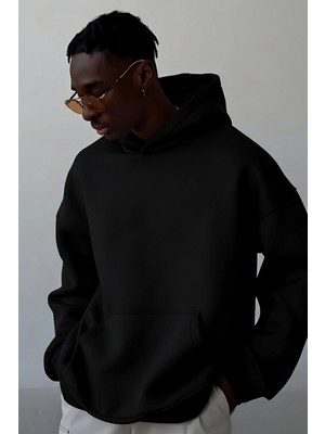 Guaraz Siyah Yumuşacık Kumaşlı Oversize Fit Ici Polarlı Basic Kapüşonlu Sweatshirt Hoodie