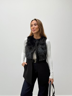 Maldia Shop Kadın Kürk Detaylı Kaşe Siyah Yelek