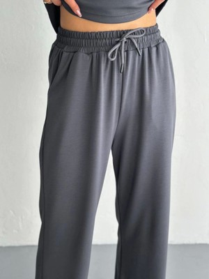 ModaSize Osy Modal Yumuşak Dokulu Kumaş Kısa Kollu Yakalı T-Shirt Pantalon Ikili Takım- Antrasit