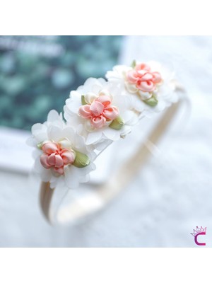 Cinderella Zarif Çiçekli Yumuşak Kız Bebek Bandana Krem Beyaz Tonlu - Hediyelik Doğum Günü Tokası Saç Bandı