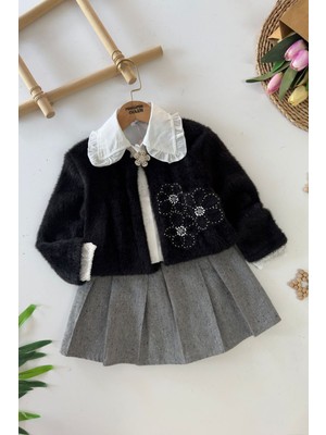 Miniğimin Cicileri Çiçek Taş Işlemeli Gömlek Yaka Pileli Etekli Kız Çocuk Takım- Siyah