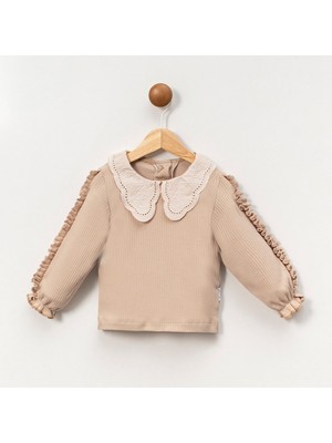 Kız Çocuk 1-2-3-4 Yaş Dantel Yakalı Fırfırlı Kol Sweatshırt %100 Pamuk