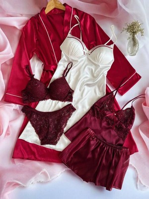 Çeyize Dair Herşey 6 Parça Bordo Laurel Kadın Saten Gecelik Sabahlık Çeyiz Seti  6920