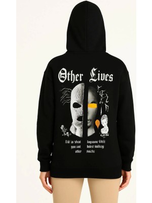 ModaSize Üç Iplik Kapşonlu Ön ve Arka Baskılı Sweatshirt Hoodie- Siyah