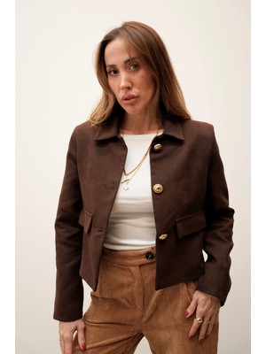 Maldia Shop Elan Gold Düğme Detaylı Süet Kahve Ceket