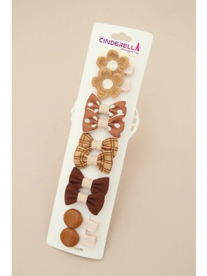 Cinderella 10'lu Kahve Bej Tonlu Fiyonk Kurdele Kız Bebek Astarlı Pens Toka Seti - Çocuk Klipsli Saç Tokası