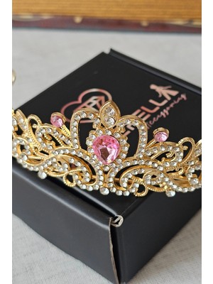 Cinderella Pembe Kristal Taşlı Zirkon Işlemeli Prenses Gelin Tacı - Düğün Kına Nikah Nişan Söz Doğum Günü Taç