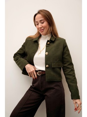 Maldia Shop Elan Gold Düğme Detaylı Süet Haki Ceket