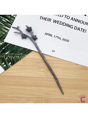 Cinderella Modern Dal Tasarım Çiçekli Siyah Japon Topuz Tokası 18CM- Vintage Kadın Metal Saç Çubuk Topuz Tokası