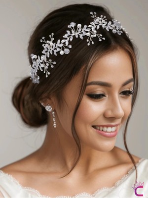 Cinderella Özel Tasarım Tül Kuyruklu Zirkon Taşlı Incili Çiçekli Gelin Tacı Gümüş Düğün Saç Tokası Aksesuarı
