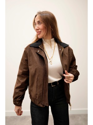 Maldia Shop Kadife Bomber Fermuarlı Kahve Ceket