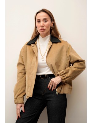 Maldia Shop Kadife Bomber Fermuarlı Camel Ceket