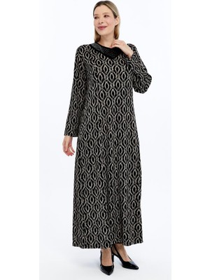 Likapa Büyük Beden Siyah Bej Zincir Desenli Işlemeli Yaka Uzun Kollu Maxi Elbise