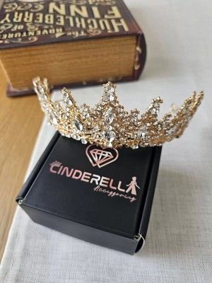 Cinderella Zirkon Taş Işlemeli Kraliçe Prenses Gelin Tacı Gold - Kristal Taşlı Düğün Nişan Nikah Söz Aksesuar